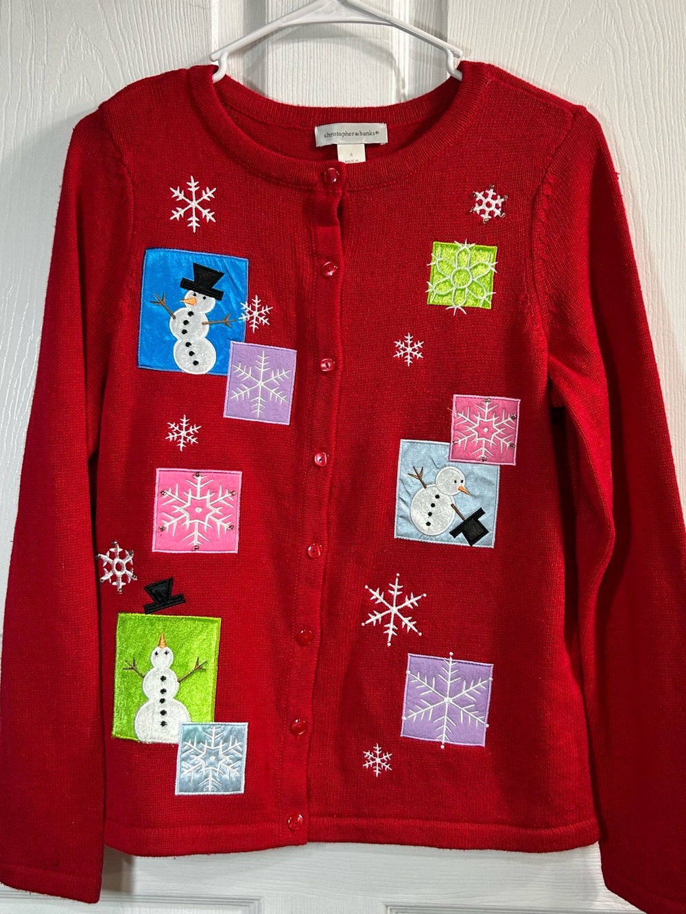 Christopher & Banks Red Christmas Snowman Cardigan Sweater